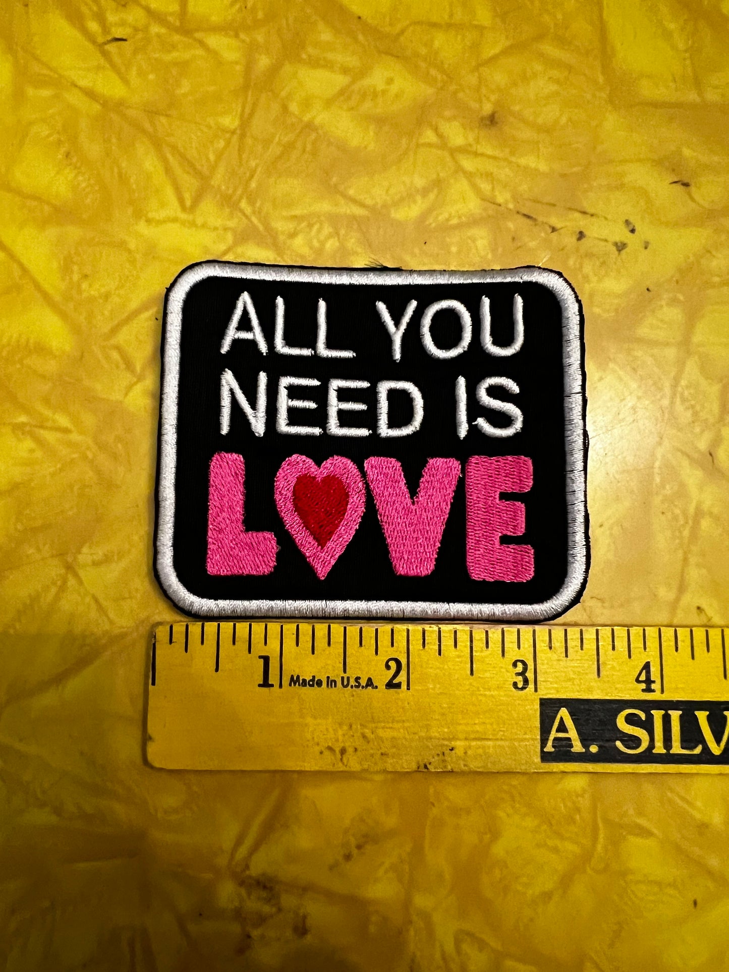 All you need is love patch handmade 1960s vibes pink heart